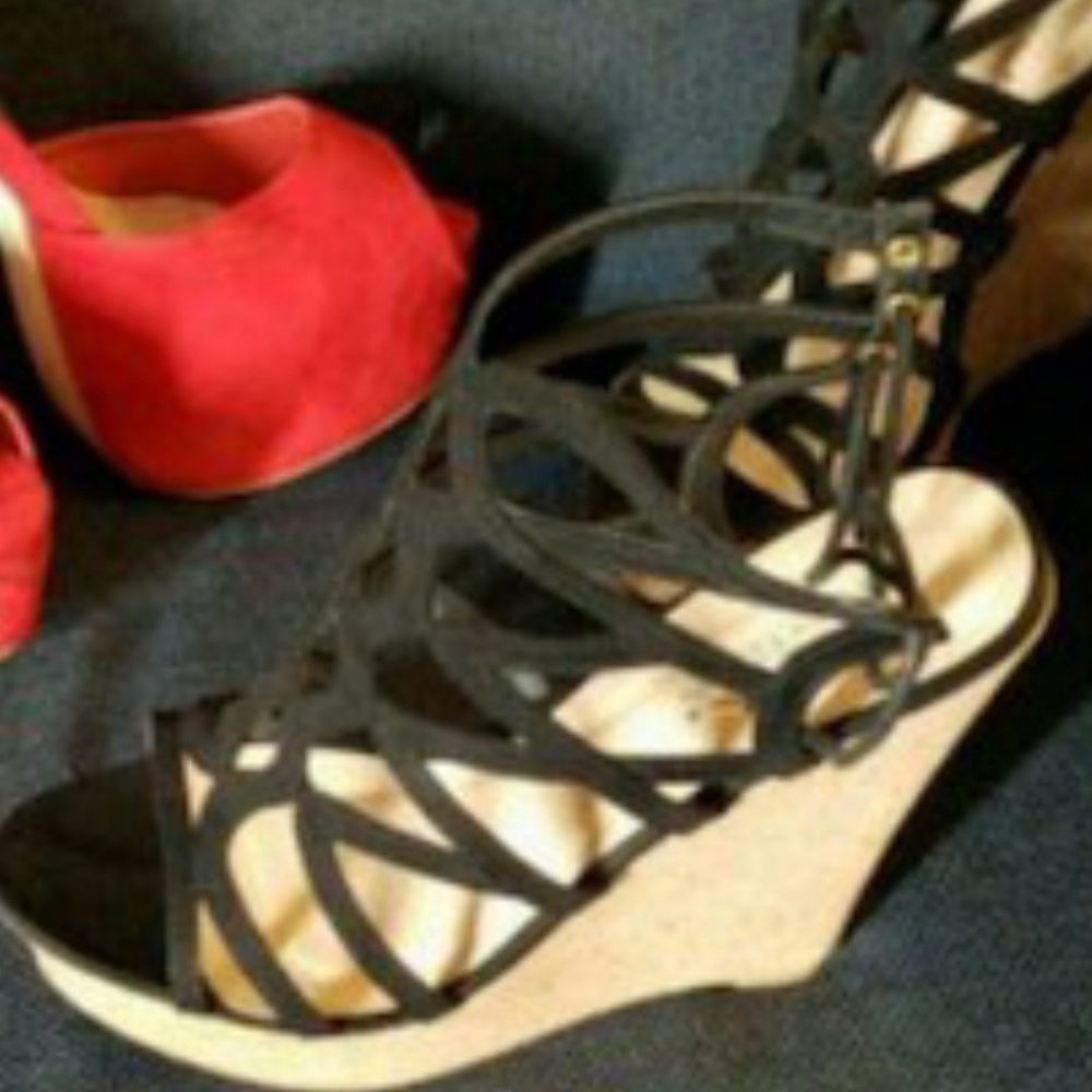 Black caged lace back wedges